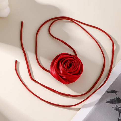 Vintage Rose Flower Long Wrap Necklace Suede Rope Tassel Tie Necklace Handmade Satin Flower Elegant Jewelry for Women and Girls...
