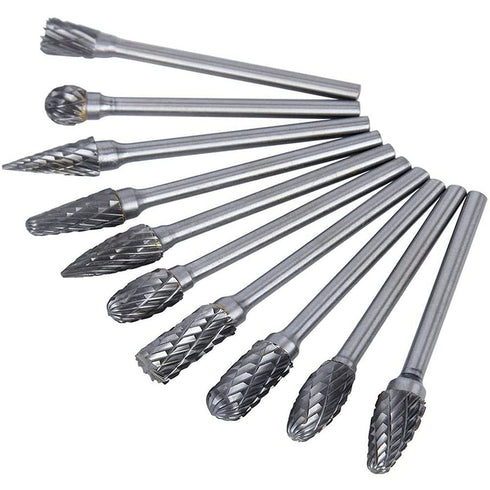 Double Cut Tungsten Carbide Carving Bits for Rotary Tool, 10 Pcs Rotary Burr Set with 1/8 inch Shank and 1/4 inch Grinding Head for DIY, Woodworki...