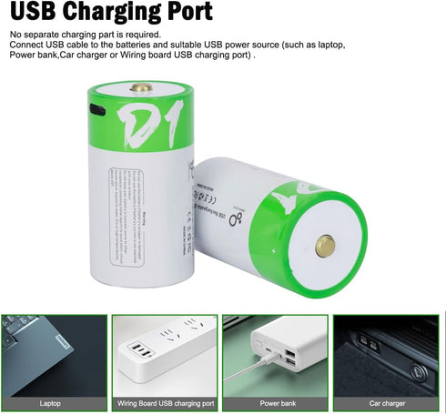 USB D Lithium ion Rechargeable Battery, 1.5V 12000mWh Rechargeable D Battery, 4 H Fast Charge, 1200 Cycle with Type C Port Cable, Constant Output,...