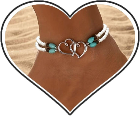 Heart Ankle Bracelet for Women Double Layered Elastic Beaded Anklet Seed Bead Turquoise Stretch Ankle Bracelet Double Hollowed Heart Anklet Boho S...