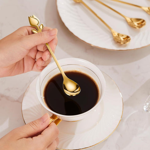6-Inch Tulip/Rose Handle Gold Small Coffee Spoons Set, 6 Pieces, Stainless Steel...