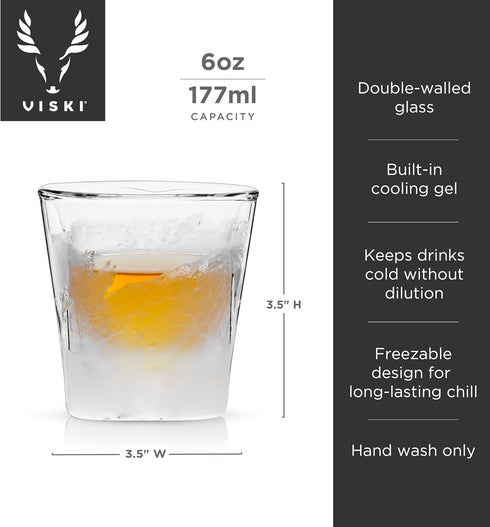 Viski Glacier Whiskey Glass, Double Walled Chilling Whiskey Glass, Active Cooling Gel, 6 Ounces, Clear Glass, Chilling Technology, Set of 1...