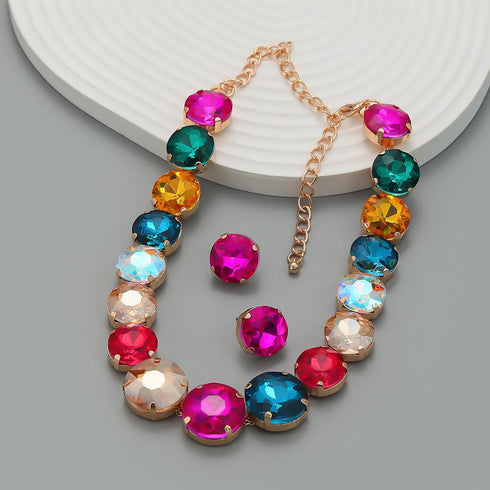 YERTTER Sparkle Full Rhinestone Choker Round Crystal Chain Necklace Earrings Set Crystal Statement Collar Clavicle Choker Necklace for Wedding Wom...