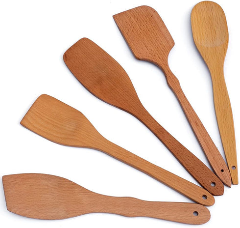 Nonstick Wooden Spoons For Cooking – 5 European Premium Spoons Set - 100% Healthy and Natural Wooden Spatula – Long Handled, Strong, Durable, Soli...