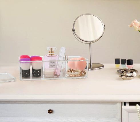 dedoot Plastic Drawer Organizer, Clear Acrylic Vanity Desk Storage and Organizer, 3 Compartment Make Up Holder with Lid Bathroom Display Storage C...