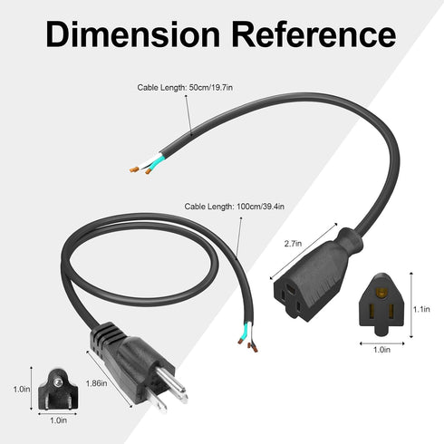 QTEATAK Male and Female Connector Extension Cord 125V 15A 2-Pole 3-Wire 50cm Female Connector and 100cm Male Straight Blade Plug with AWG14 Cables...
