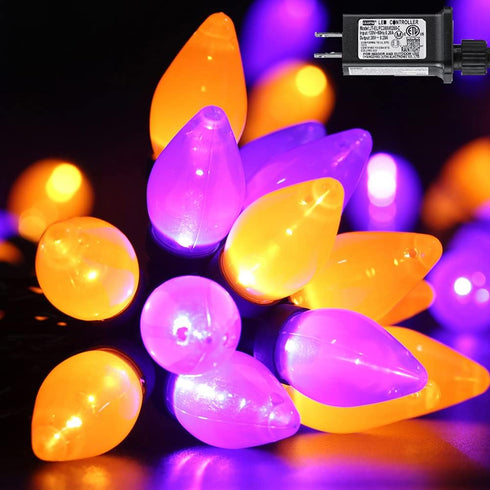 C7 Halloween String Lights - 50 LED 24Ft Smooth Bulb Orange Purple Lights - Extendable 8 Modes Fairy Halloween Lighting for Outdoor Garden Yard Ho...