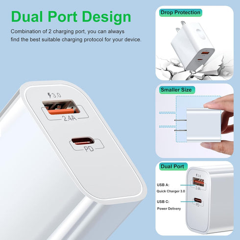 20W USB C Charger Block, Bangfun Dual Port PD 20 Watt Fast Charger Block+ Quick Fast Charge 3.0 Type C Charging Block Compatible iPhone 16/15/14/1...