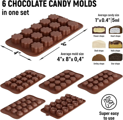 Chocolate Molds Silicone - Set of 6 (with Free Recipes eBook) - Non-Stick & Food Grade Candy Molds for Chocolate, Jelly Candies, Truffles, Bath Me...