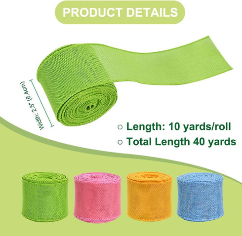 TONIFUL 4 Rolls Easter Ribbon, Burlap Wired Ribbons, Yellow, Pink, Baby Blue, Green, Faux Burlap Ribbon, for Easter Home Decor Wreath Front Door G...