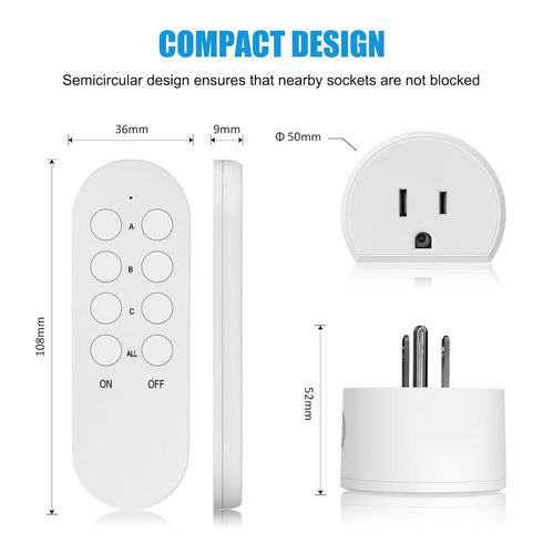 SURNICE Mini Remote Control Outlet Plug, 10A Wireless Light Switch Plug for Household Appliances, Up to 130 FT Long Range, 5 Outlets + 2 Remotes.....