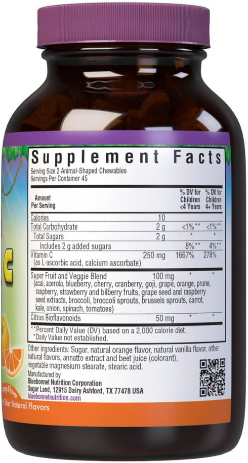 Bluebonnet Nutrition Rainforest Animalz Vitamin C Animal Shape Chewable Tablets, 250mg of Vitamin C, Soy-Free, Gluten-Free, Kosher Certified, Dair...