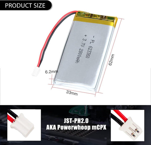 3.7V 2800mAh 623360 Lipo Battery Rechargeable Lithium Polymer ion Battery Pack with PH2.0mm JST Connector(Actually 1500mah)...