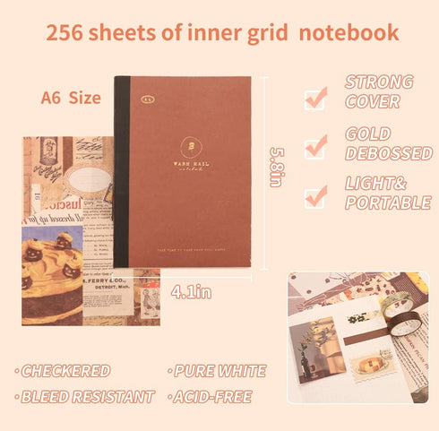 348 Pcs Scrapbooking Supplies Kit, Vintage Aesthetic Scrapbook Kit for Bullet Junk Journal, Stationery, A6 Grid Notebook, DIY Journaling Supplies,...