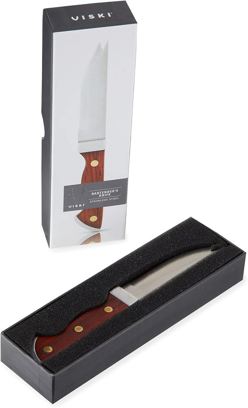 Viski Bartender Knife, 7 Inch Knife, Acacia Wood Handle, Double Tipped Stainless Steel Blade, Bar Knife, Riveted Base, Set of 1...