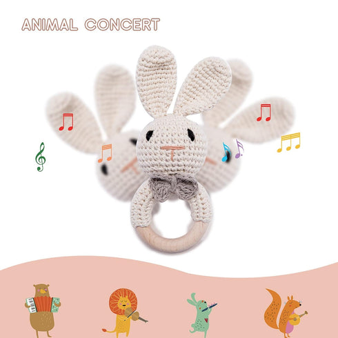 Youuys Wooden Baby Rattle Toys, Easter Bunny Rattle for Baby Crochet Bunny Rattle Toy Natural Wood, Shaker Rattle for Hand Grips, Boy Girl First R...