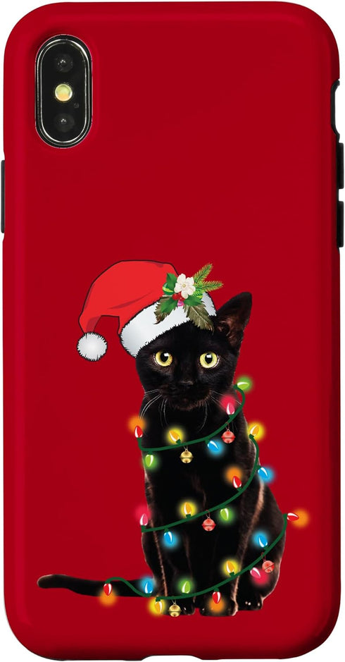 iPhone X/XS Santa Black Cat Tangled Up In Christmas Tree Lights Case...