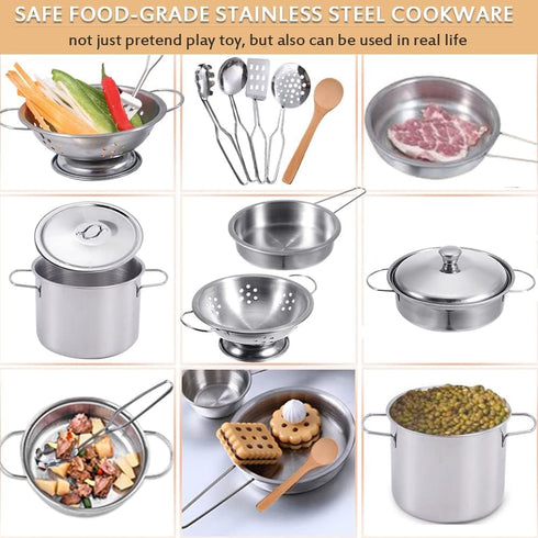 Play Pots and Pans Toys for Kids Kitchen Playset Pretend Cookware Utensils Play Set Play Cooking Toys Mini Stainless Steel Cooking Utensils Toys K...