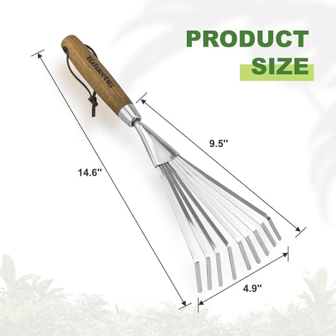 Garden Hand Rake, 14.6'' Small Hand Rake for Tight Areas, 9 Tines Stainless Steel Garden Rake with Ergonomic Wood Handle for Clearing Leaves and L...