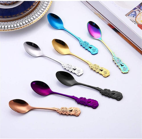 1Pc Rose Gold Flower Spoon Set,Colorful Stainless Steel Flower Spoon Coffee Tea Spork Flatware Dessert Tool Ice Tea Spoon Colorful Mini Cutlery Se...