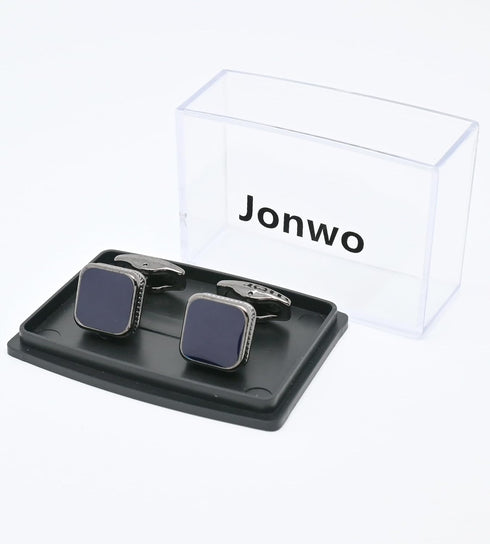 Classic Square Black/Blue Cufflinks for Men In Gift Case Handmade Silver/Black Tone Metal Men's Cufflinks Jewelry Set for Wedding Party Anniversar...