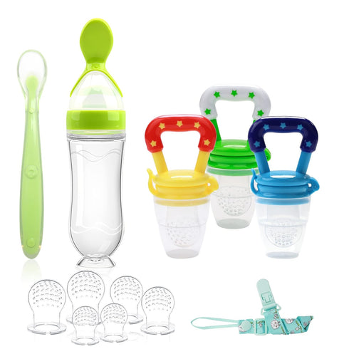 Food Feeder for Baby, Fruit Feeder Pacifier (3 Pcs) with 6 Different Sized Silicone Pacifiers 1 PCS Silicone Baby Food Dispensing Spoon 90ML with ...