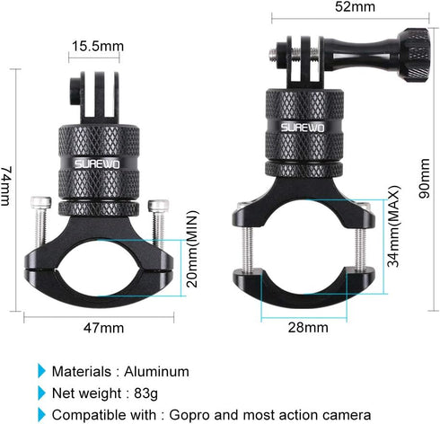 SUREWO Bike Mount for GoPro Hero 12/11/10/9/8/7/6/5 Black,GoPro Max,Camera Aluminum Bicycle Motorcycle Handlebar Mount Compatible with DJI Osmo Ac...