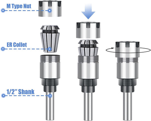 Mesee 1/2'' Shank ER20 Router Collet Extension Chuck Adapter with 1/4'' & 1/2'' ER20 Spring Collet Set Milling Cutter Bit Chuck Extender Rod Woodw...