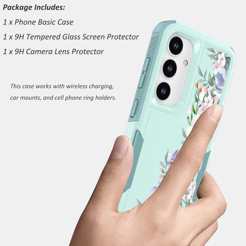 for Samsung Galaxy S24 5G Case with Screen Protector + Camera Lens Protector: Cute Flower Floral Design for Girls Women Slim TPU Bumper Silicone C...