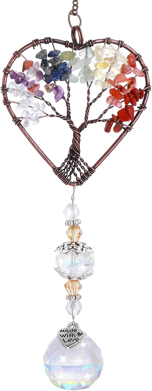 Rainbow Crystal Sun Catcher, Tree of Life Suncatchers Heart Shaped Hanging Ornament Chakra Stones Window Crystal Ball Prism Pendant Garden Home Ca...