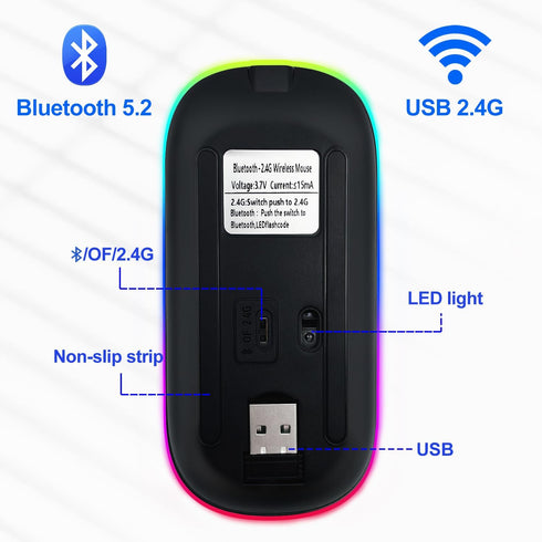 Wireless Bluetooth Mouse for iPad/MacBook Pro/Air/Laptop/pc Rechargeable Silent Mouse Portable Slim for Surface Pro/Lenovo/Samsung Tablet (LED/Bla...
