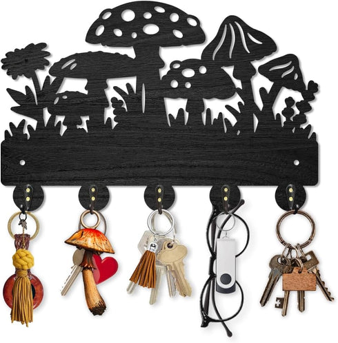 Mushroom Wall Mounted Coat Rack Wildflower Meadow Wood Key Hooks for Wall 11.8×7.9inch Black Key Holder Hanger Wall Art Decor with 5 Alloy Hooks f...