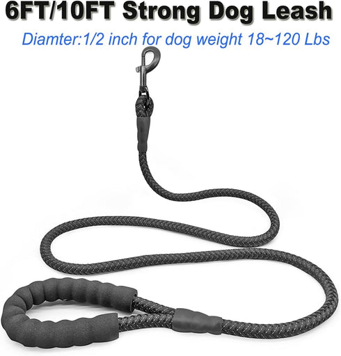 6FT 10FT Strong Dog Leash Black Rope Leash Highly Reflective Threads with Soft Padded Handle for Small Medium Large Dogs (10ft-black-1/2)...