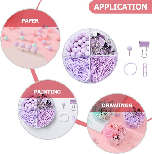 Push Pin Clips Office Decor Purple Office Supplies for Women Paper Clips Push Set Paperclips Thumb Tacks Rubber Bands Classroom Teacher Home Desk ...