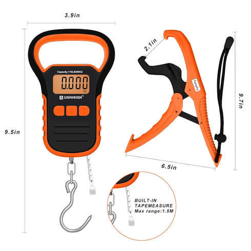 Digital Fishing Scale with Lip Gripper,Tape and Ruler,110lb/50kg Postal Hanging Luggage Scale with Hook?Waterproof Handing Scale for Home and Outd...