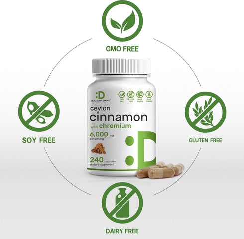 Ceylon Cinnamon 6000mg with Chromium 1000mcg, 240 Capsules | Active Inner Bark Extract, True Sri Lanka Source | Natural Cinnamon Supplements...