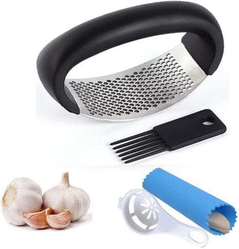 Garlic Press Rocker - Stainless Steel Garlic Crusher, Chopper, Mincer with Silicone Garlic Peeler, Mini Brush Tools For You (Black)...