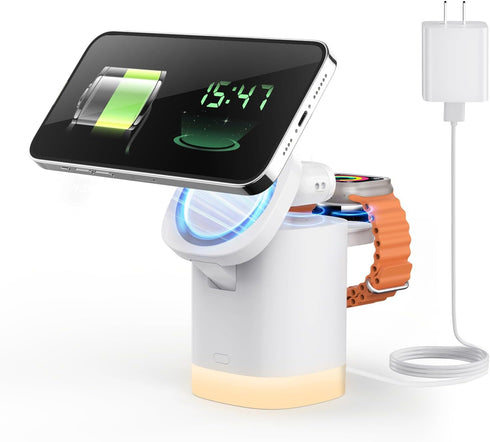 JoyGeek 3-in-1 Charger Stand for Magsafe: Foldable Wireless Charging Station with Night Lights - Magnetic Charger Dock for iPhone 15/14/13/12 Pro/...