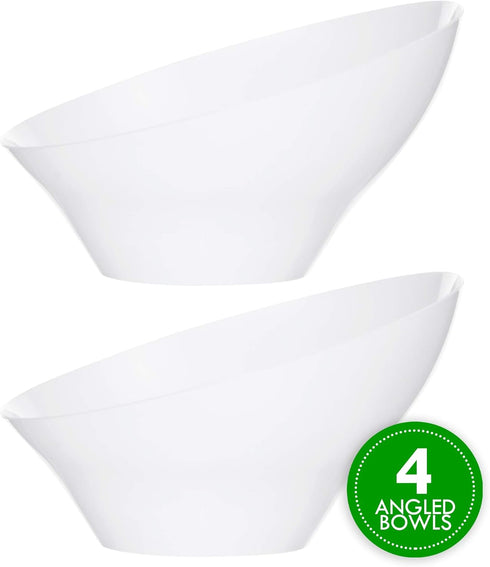 PLASTICPRO Disposable Angled Plastic Bowls Round Medium Serving Bowl, Elegant for Party's, Snack, or Salad Bowl, White, Pack of 4...