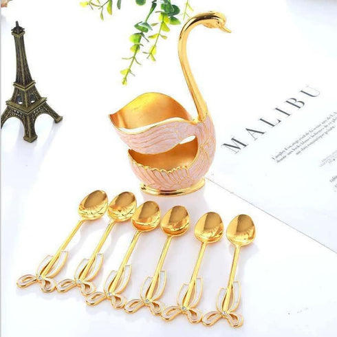 Coffee Spoons Set, Dessert Spoons Set, 6PCS Tea Spoons with Swan Base Holder, Metal Coffee Spoon Organizer, Stainless Steel Small Spoons for Coffe...