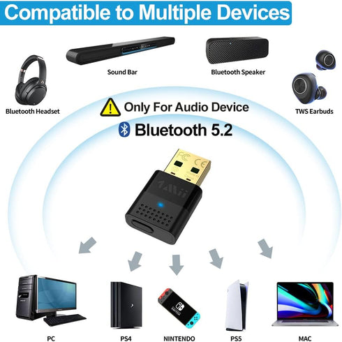 1Mii Bluetooth 5.2 USB Audio Transmitter Adapter for PC PS4 PS5 Wireless Audio Dongle with aptX Low Latency for Connecting Bluetooth Headphones Sp...