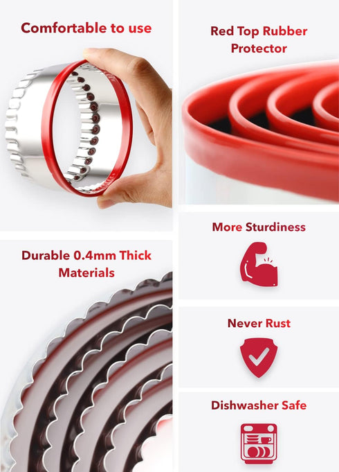 4-Pieces Fluted Round Cookie Cutters, Metal Circle Biscuit Cutters Set, Wave Cookies Cutter with Fluted Edge, Unique Design with Protective Red To...