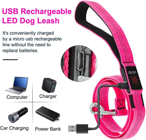 BSEEN LED Dog Leash - USB Rechargeable Light Up Dog Leash - Glowing Pet Leash - LED Dog Lead for Nighttime Dog Walking (Pink?, 47 Inch)...