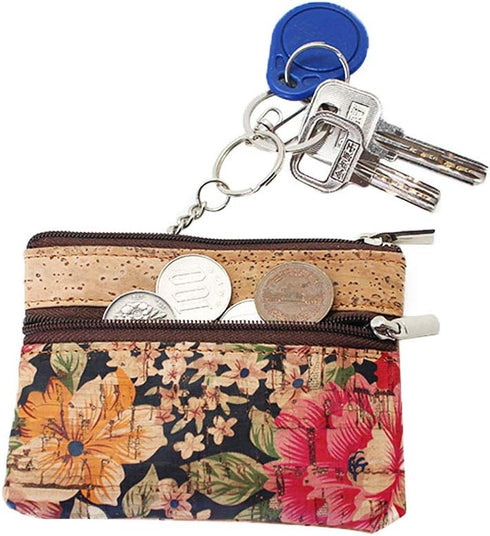 Eco-friendly Natural Cork Coin Purse, Boshiho Mini Coin Change Wallet Credit Card Holder Zipper Pouch Vegan Wallet with Key Ring Keychain (Multi F...