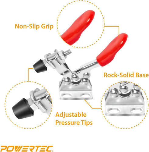 POWERTEC 4PK Toggle Clamp, 60 lbs Holding Capacity, 201 Quick Release Horizontal Clamps w/ Antislip Rubber Pressure Tip for Woodworking Jigs and F...