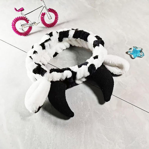 3 PCS Spa Headband Cow Print Ears for Face Washing, Cute Cow Plush Wash Face Elastic Headbands Women Girls Makeup Skincare Bath Head Wrap Kids Cos...