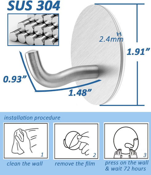 Heavy Duty Self Adhesive towel hooks Waterproof stick on bathroom kitchen door RV SUS 304 stainless steel Silver for hanging robe coat key bag hat...