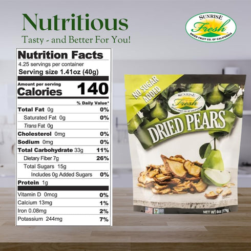 Sunrise Fresh Dried Fruit – Dried California Pears - All-Natural, Dehydrated, Unsweetened, No Added Sugar, Resealable Snack, 6oz Bag...