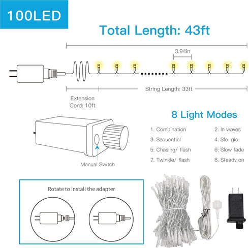 suddus Led String Lights,33FT 100 Led Fairy Lights Plug in,Christmas Lights for Bedroom, Home, Yard, Door, Room,Classroom Decorations warm white...