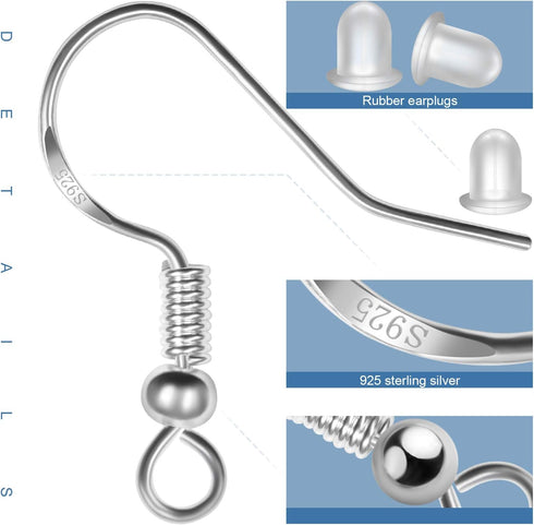 925 Sterling Silver Earring Hooks 120 PCS/60 Pairs, Ear Wires Fish Hooks, Hypo-allergenic Jewelry Findings Parts with 120 PCS Clear Silicone Earri...